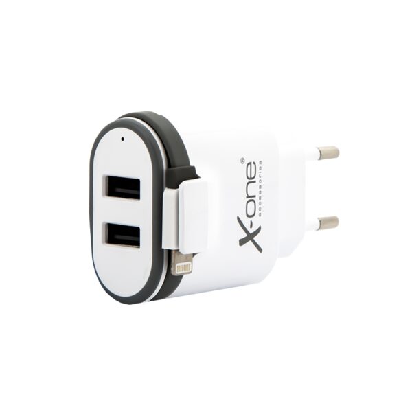 X-One cargador pared 2x USB 2.1 + 1x Lightning Bco