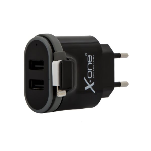X-One cargador pared 2x USB 2.1 + 1x Lightning Neg